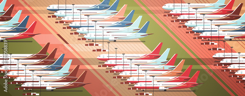 airport terminal with parked airplanes at taxiway coronavirus pandemic quarantine covid-19 concept