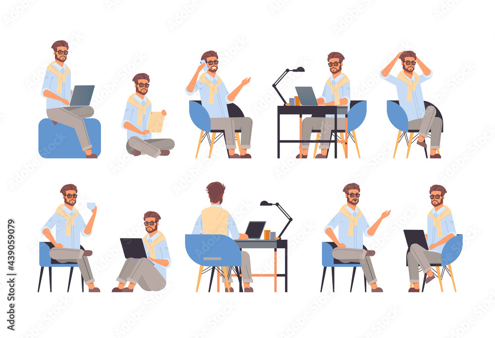 set businessman sitting in different poses gesture emotions and body language concept
