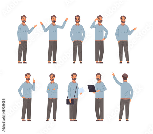 set businessman in different poses gesture emotions and body language concept