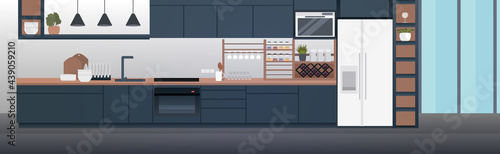 modern kitchen interior empty no people house room with furniture horizontal