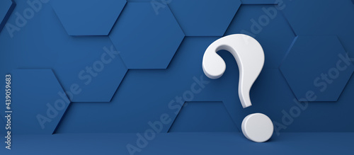 Fine 3d concept with a white question mark icon on classic blue hexagon