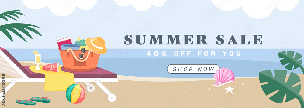 Illustration vector banner of relaxing on beach objects in bag as summer sale product concept. Illustration vector banner of relaxing on beach objects in bag as summer sale product concept.