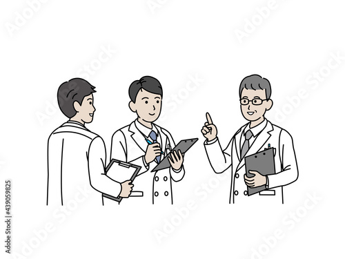 研修　ミーティングをする医者　研修医　科学者　白衣を着た男性　イラスト素材
