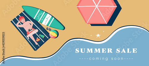 Illustration vector banner background boy is sun bathing on sand at beach above view scene border frame on summer sale skin care products ads concept