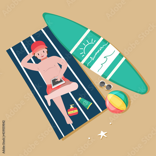 Illustration vector flat cartoon of teenager boy lying on mat for sun bathing on sand at beach above view isolated on clear background.