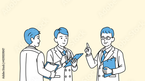 研修　ミーティングをする医者　研修医　研究員　科学者　白衣を着た男性　イラスト素材