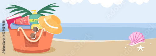Illustration vector banner background beach bag on sand at beach scene border frame on summer sale skin care products ads concept