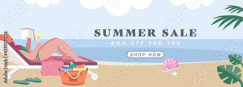 Illustration vector banner of woman sun bathing and relaxing on beach as summer sale product concept.