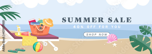 Illustration vector banner of relaxing on beach objects in bag as summer sale product concept.