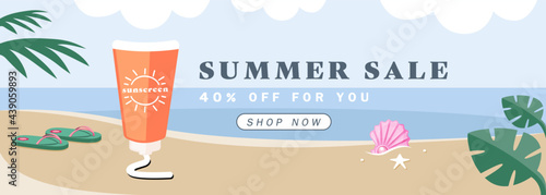 Illustration vector banner of sun bathing body lotion on beach as summer sale product concept.