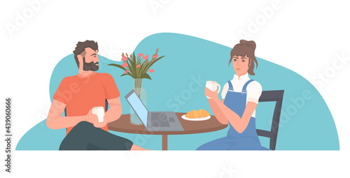 couple drinking coffee man woman discussing during lunch spending time together coronavirus quarantine © mast3r