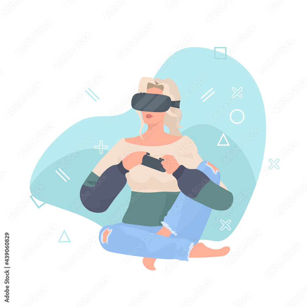 woman wearing vr glasses using joystick girl playing video games using virtual reality goggles woman wearing vr glasses using joystick girl playing video games using virtual reality goggles