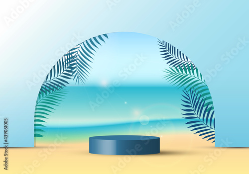 3D realistic blue color geometric platform round shape lighting mockup scene nature summer vacation tropical background