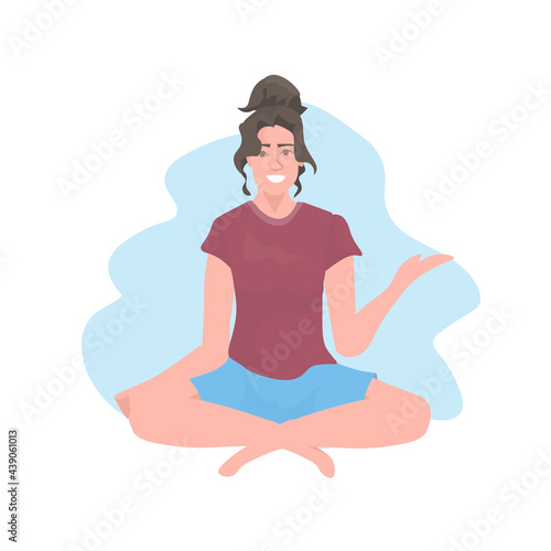 smiling woman sitting lotus pose beautiful girl doing yoga exercises healthy lifestyle concept