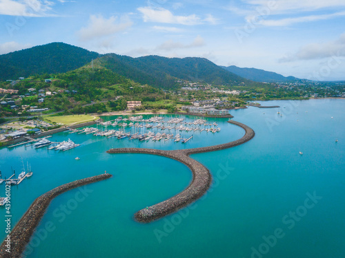 An aerial view of Coral Sea Marina in Airlie Beach, Queensland