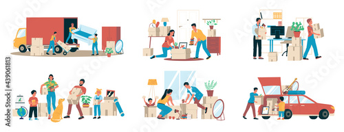 People moving. Families relocating. Parents and children packing boxes. Men load containers or furniture into vehicles for transportation. Characters leaving home. Vector relocation
