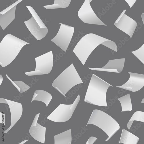 Flying paper pattern. Seamless texture of falling document pages. Realistic blank note sheets with curled edges. Blown away white letters. Office stationery. Vector background mockup