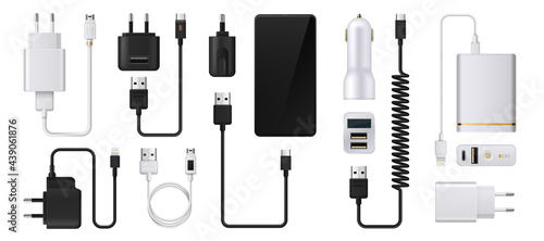 Phone charger. Realistic smartphone power supply. 3D USB cables and electric plugs. Auto adaptors for charging devices. Power cords. Vector digital equipment for accumulator refuels photo