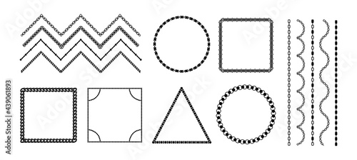 Chain frames. Black metal necklace borders. Isolated silhouettes of jewelry ornament elements. Decorative geometric shapes. Intertwined cord templates. Vector elegant chainlet links set
