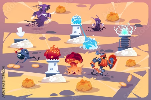 Monster game. Towers defense castle from attacking beasts. Playing map with fortified buildings shooting fire and lightning. Movement of enemies along route. Vector stronghold protection