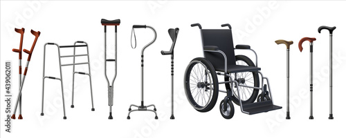 Realistic wheelchairs and canes. 3D medical supplies for musculoskeletal injury patients. Walking sticks set. Rehabilitation staffs and crutches. Vector props for handicapped persons photo