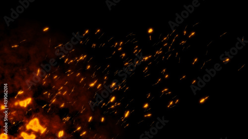 Burning red hot flying sparks fire from left to right in the night sky. Beautiful abstract background flying wing shape on black background. The particle like a lot of insects or bugs.