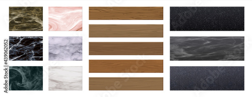 Floor material. Realistic texture of interior cover. Parquet boards. Marble or granite tile. Laminate with woodgrain. Stone or concrete surface samples. Vector flooring templates set