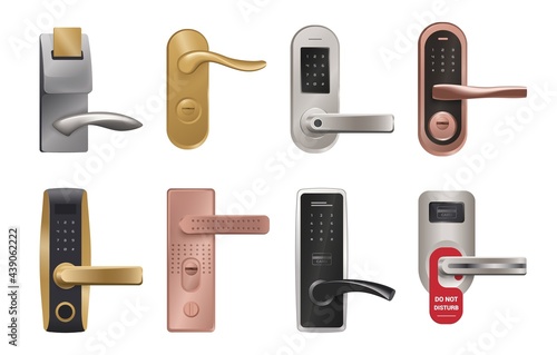 Door handle. Realistic knob and lock with PIN code, biometry and NFC key. Home metallic doorways furniture. Hotel door-handles with do not disturb label. Vector interior elements set