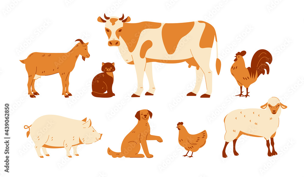 Set of farm animals. Cow goat sheep cat dog rooster chicken pig. Vector illustration in flat cartoon style. Isolated on a white background.