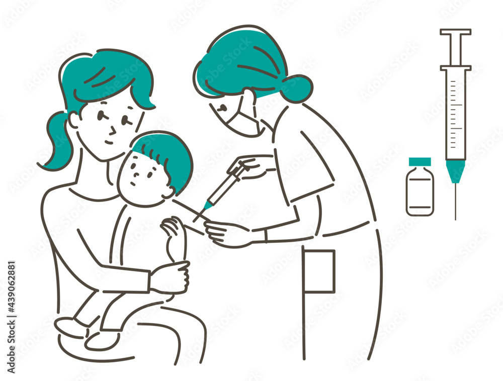 ワクチン接種を受ける人のイラスト素材　幼児と母