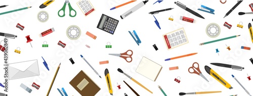 Stationery. Horizontal background for advertising a store, company. illustration. Isolated on a white background. Pencils, pens, felt-tip pens, brushes, erasers, scissors, adhesive tape. Vector