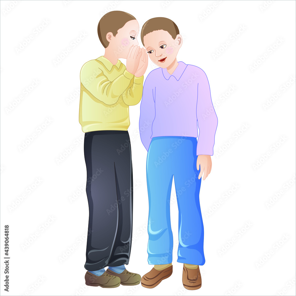 boy whispering to into his friend ear boy whispering to into his friend ear