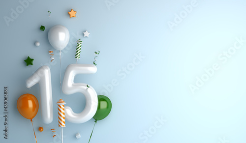 Happy Independence Day of India decoration background with 15 balloon number confetti, copy space text, 3D rendering illustration.