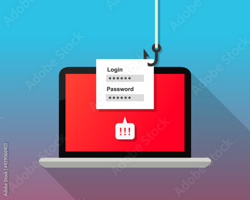 Phishing concept, hacker stealing login and password information from laptop screen using a fishing hook
