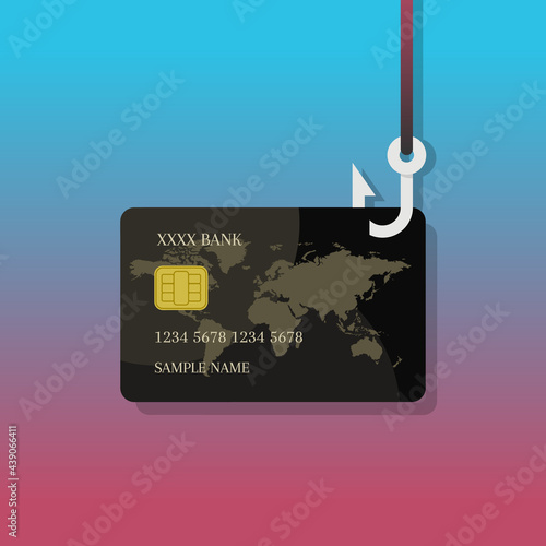 Credit card on fishing hook as data phishing, hacking, theft, stolen information, fraud or scam concept