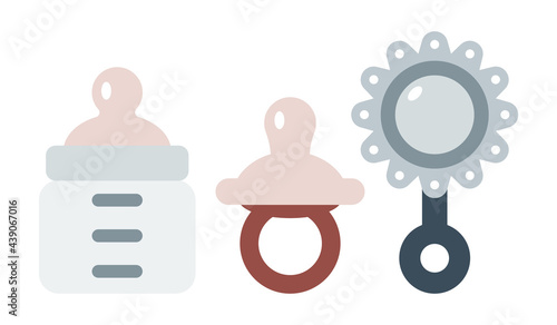 Baby bottle, pacifier and shaker. Isolated clipart for newborn celebration decor.