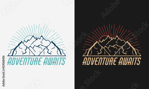 adventure awaits with sunrise over mountain, camping logo label emblem with color variant for t-shirt design and many others, vector illustration