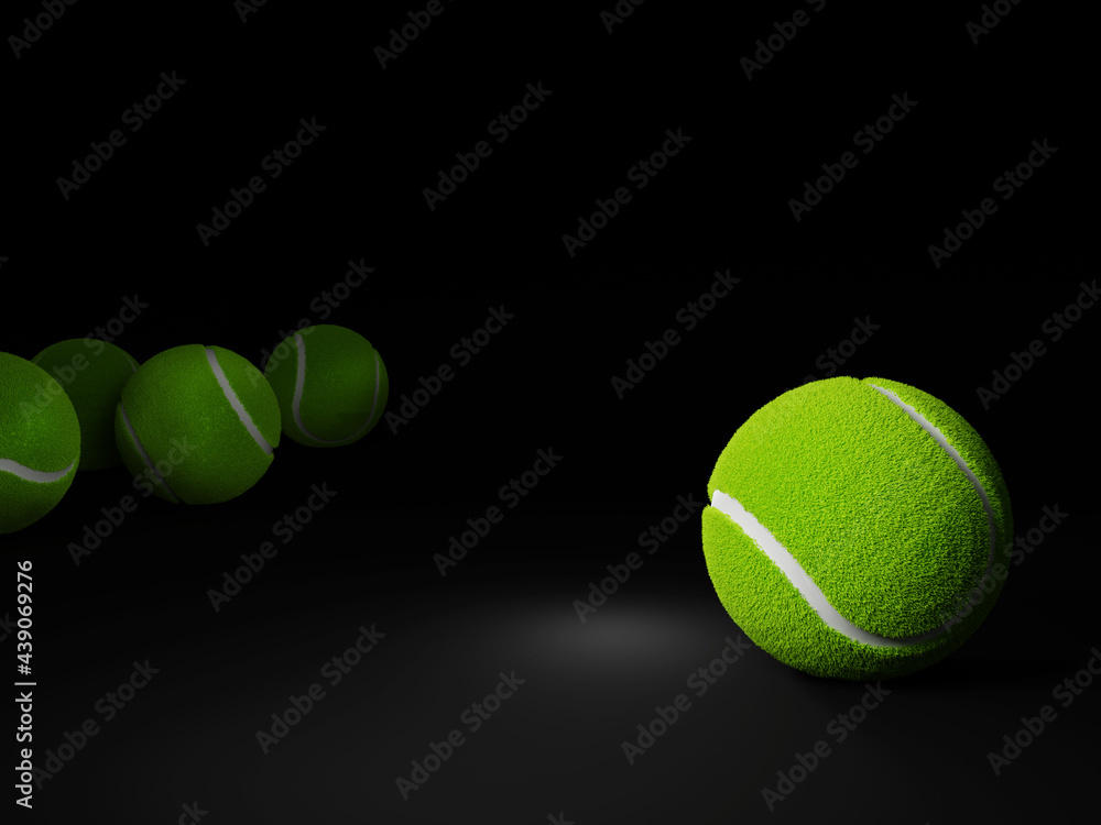 Tennis ball placed on a dark floor and black background - 3D rendering