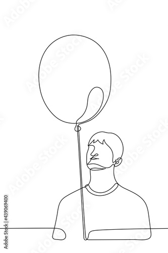 man holding a balloon, balloon filled with helium, rope, balloon - one line drawing. holiday preparation concept, party decoration, nostalgia for childhood