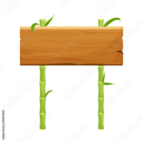 Wooden sign with green bamboo sticks with leaves, empty frame in cartoon style isolated on white background. Textured object, ui asset.