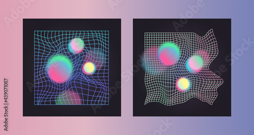 Distorted neon grid pattern and glowing spheres. Abstract vector background. Retro wave, synthwave, rave, vaporwave. Blue, black, pink purple colors. Trendy retro 80s, 90s style. Print, poster, banner