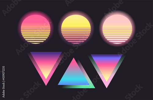 Vapor wave elements. Futurism vector art set. Retrowave, synthwave, rave party collection. Retro, vintage 80s, 90s style. Black, purple, pink, blue, yellow neon colors. Print, wallpaper, web template
