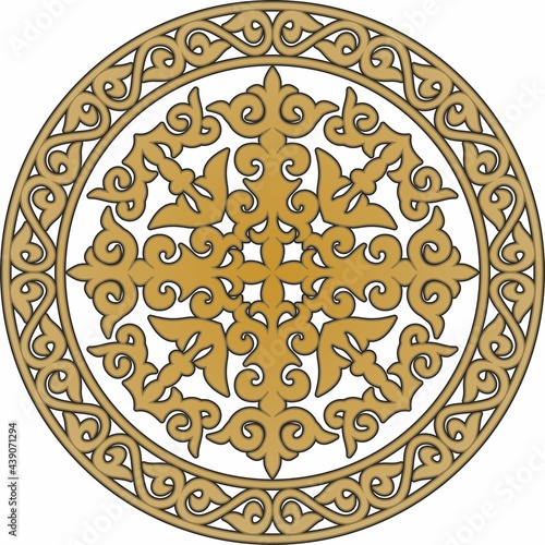 Vector Kazakh folk pattern shanyrak. the upper hole for a dvma on the roof of a Kazakh, Mongolian or Kalmyk yurt. House of nomads. Round national pattern of the peoples of the great steppe. Circle
