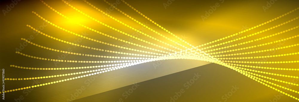 Neon shiny color background with light glowing wave line particles. Wallpaper background, design templates for business or technology presentations, internet posters or web brochure covers