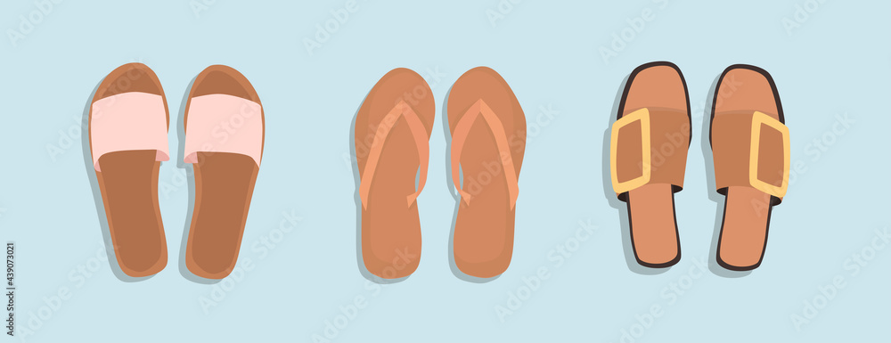 Women's summer shoes collection. Top view. Female flip flops, shoes, sneakers. Hand draw vector illustration Women's summer shoes collection. Top view. Female flip flops, shoes, sneakers. Hand draw vector illustration