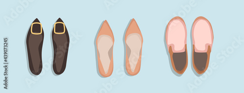 Women's summer shoes collection. Top view. Female flip flops, shoes, sneakers. Hand draw vector illustration