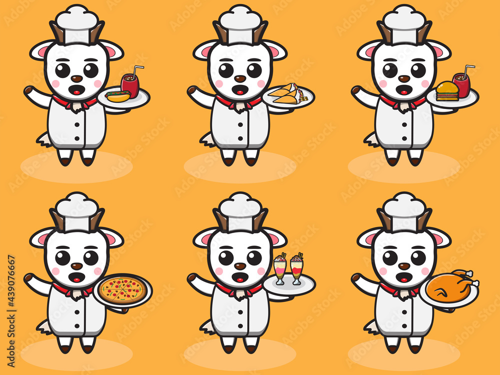 Obraz premium Vector illustration of cute Goat Chef with food cartoon set. Good for icon, logo, label, sticker, clipart.