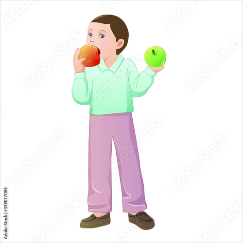 boy eating red and green apple 