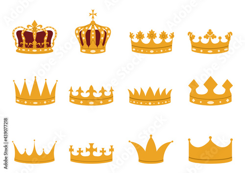 Set of gold crowns in a flat style. Imperial, royal, princely, monarchical, ducal and county crowns. photo