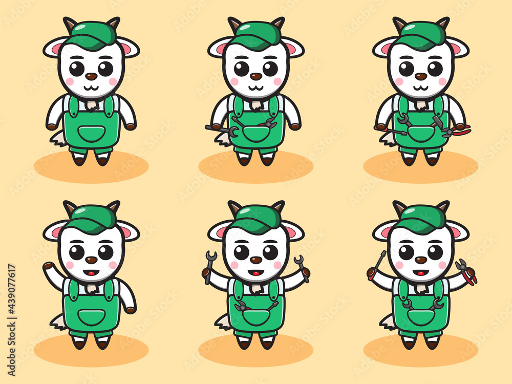 Obraz premium Vector illustration of cute Goat Mechanic cartoon set. Good for icon, logo, label, sticker, clipart.